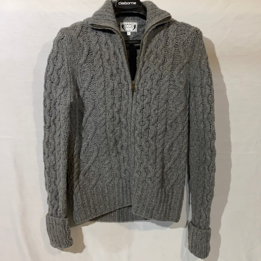 Gant by Michael Bastian Sweater - 100% Lamb Wool, Full Length Zipper, Grey Small